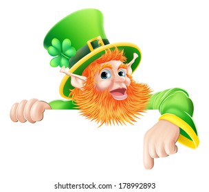 An illustration of a St Patricks day leprechaun cartoon character pointing down at a sign