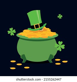 Illustration for St. Patrick's Day. Leprechaun looks out of the cauldron with coins.