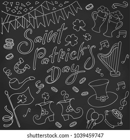 Illustration for St. Patrick's day with lettering and set of elements for design in Doodle style: horseshoe, clover, flag, pipe, harp, hat, boots, money, beer. Chalk Board background.