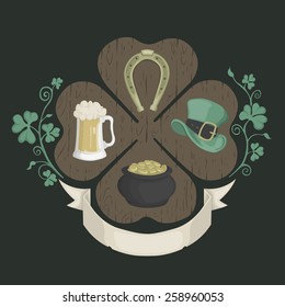 Illustration for St. Patrik's day. Clover, hat, horseshoe, beer.