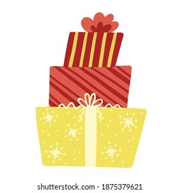 Ilustración de una pila de hermosos regalos. Objetos aislados sobre un fondo blanco. Simple estilo lindo.