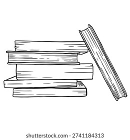 Illustration of a stack of books in black and white showing various thicknesses and a slightly tilted book on the side. Detailed illustration with fine line work and artistic details on clean white