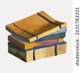 Illustration of a stack of books with colorful covers. Books are stacked unevenly. Books and covers have a textured, painted look. Artistic book stack. Vintage art illustration vector.