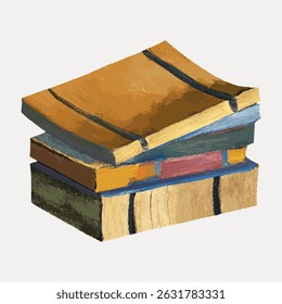 Illustration of a stack of books with colorful covers. Books are stacked unevenly. Books and covers have a textured, painted look. Artistic book stack. Vintage art illustration vector.