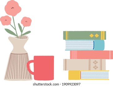 Illustration of a stack of books, flowers and coffee