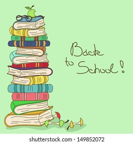 Illustration with stack of books, glasses and apple core