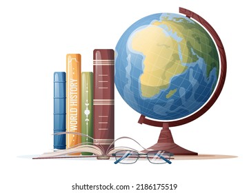 Illustration of a stack of books and a globe. School theme, study, education. Back to school, knowledge day. Suitable for stickers, banners, flyers, etc.