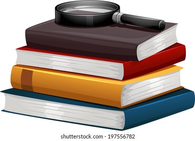 Illustration of a Stack of Books with a Magnifying Glass on Top