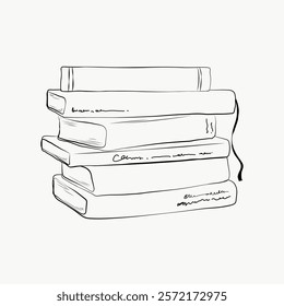 Illustration of a stack of books, neatly arranged. Simple, minimalist design with clean lines. Perfect for book lovers and minimalist art fans. Simple black line art doodle vector.