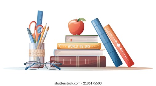 Illustration of a stack of books with stationery. School theme, study, education. Back to school, knowledge day. Suitable for stickers, banners, flyers, etc.