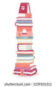 Illustration of a Stack of Books as a Tower with Windows and Door