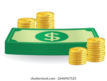 Ilustração de uma pilha de numerário acompanhada de pilhas de moedas de ouro que representam crescimento financeiro e prosperidade em um design claro. Conceito monetário