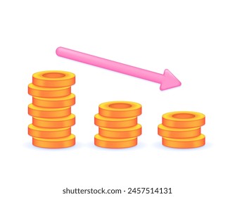 illustration of a stack of coins and a downward arrow. sales decline. profits and income decrease. revenue continues to fall. make a loss. icon or symbol. minimalist 3d illustration concept design