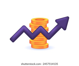 illustration of a stack of coins and an upward arrow. increased sales. profits and income increase. revenue continues to rise. icon or symbol. minimalist 3d illustration concept design. graphic