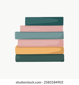 Illustration of a stack of colorful books. Books in pink, teal, yellow, and green. Stack of books on a plain background. Simple, colorful book stack design. Aesthetic vector illustration.