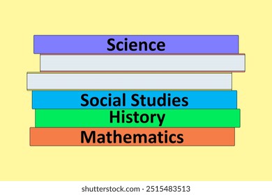Ilustração de uma pilha de livros didáticos coloridos rotulados por disciplinas escolares. Perfeito para temas educacionais e projetos de volta à escola.