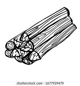 Illustration stack of firewood logs on white background. Forest Burning Firewood For Cooking Soup Meal.Tourism, camping. Design element for menu, poster, emblem, badge, banner, flyer.
