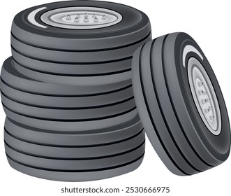 Illustration of a stack of five airplane tires with one leaning against the stack on a white background