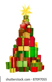 Illustration of a stack of gifts piled up in a Christmas tree shape with star on top