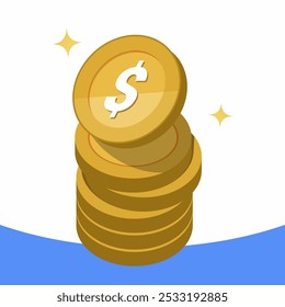 Ilustración de una pila de monedas de oro con un símbolo de dólar, sobre un fondo azul y blanco limpio con acentos brillantes. Perfecto para temas de finanzas, negocios o inversiones.