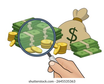 Illustration of stack of money and Magnifying glass held in hand. symbolizes checking wealth and investment Ideal for articles, presentations or designs related to economy, finance, banking and invest