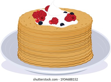 Illustration of a stack of pancakes covered with sour cream and berries