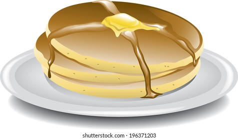 Illustration of a stack of pancakes with syrup and butter.