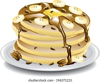 Illustration of a stack of pancakes with whipped cream and bananas.