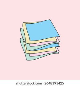 Illustration of a stack of pastel blue, yellow, pink and green colored paper on a light pink background. Suitable for educational, administrative, note or digital stationery design