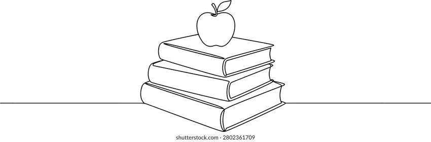 Illustration of stack of textbook volumes with a small apple resting on top, teacher school, hand drawn outline vector illustration.