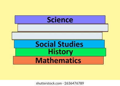 Ilustração de uma pilha de livros didáticos com inscrições na escola para lições em ciências, estudos sociais, história e matemática em um fundo amarelo. Para voltar à escola e conceito educacional.