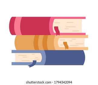 Illustration of stack of three books with bookmarks inside. Vector isolated elements on white background. EPS10