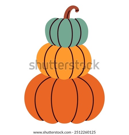 Illustration of a stack of three pumpkins in different colors: an orange, yellow, and a teal-green pumpkin on top. Thanksgiving Day. Perfect for autumn, harvest, and Halloween-themed projects.