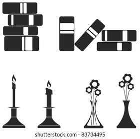 Illustration of stacked books, candles and flowers in vases.  Icon style can be used for symbols