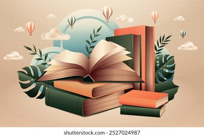 Illustration of stacked books with an open book on top, surrounded by leaves and hot air balloons in the background.