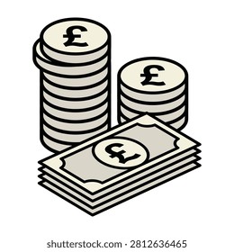 Illustration of stacked British pound coins and banknotes on a white background