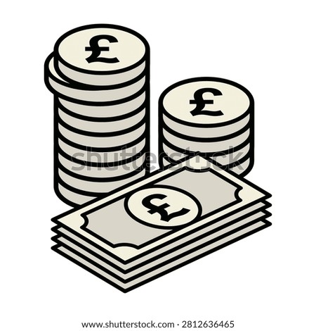 Illustration of stacked British pound coins and banknotes on a white background