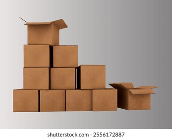 An illustration of stacked cardboard boxes on a gray background, showcasing neat arrangement and realistic details. The design emphasizes storage, organization, and industrial themes