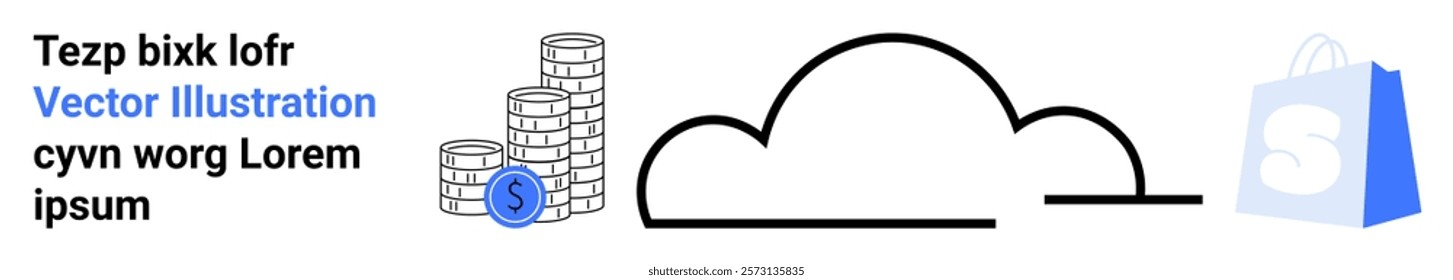 Illustration of stacked coins, a cloud computing icon, and a shopping bag. Ideal for finance, cloud computing, e-commerce, online transactions, digital marketing. Landing page