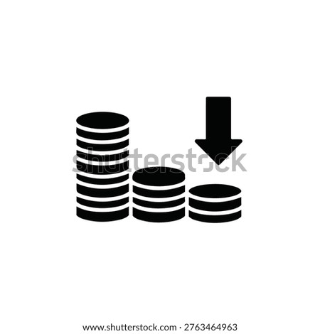 An illustration of stacked coins decreasing in height with a downward arrow indicating a reduction or decrease in value or amount.