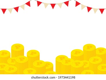 Illustration of stacked coins with point marks. - white background -