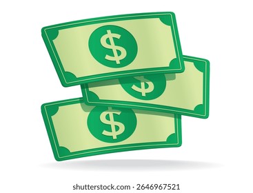 Ilustração de notas de dólar empilhadas se apoiando, transmitindo temas de riqueza e sucesso financeiro em um design nítido. Conceito monetário