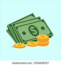 Illustration of stacked green dollar bills and gold coins on a light blue background, representing money, savings, or financial concepts in a simple flat design.