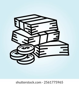 Illustration of stacked money and coins symbolizing wealth, finance, and prosperity.