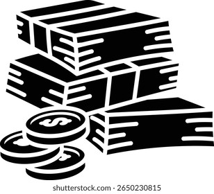 Ilustração de dinheiro empilhado e moedas simbolizando riqueza, finanças e prosperidade vetor ícone estilo sólido.