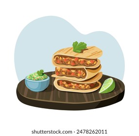 Illustration of stacked quesadillas with guacamole dip and lime slice on wooden board. Digital food art. Mexican cuisine and snack.