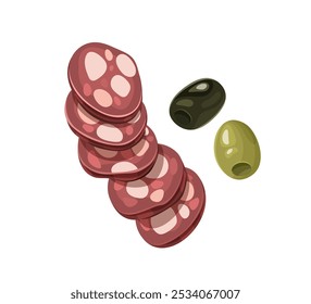 Illustration of stacked salami slices accompanied by green and black olives, ideal for food-related graphics and culinary themes.
