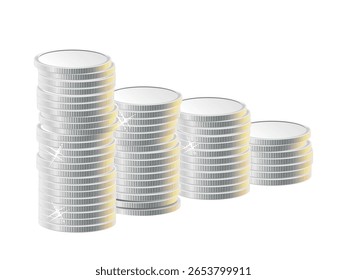 Ilustração de moedas de prata empilhadas em ordem crescente, representando o crescimento financeiro, a construção de riqueza, o investimento e a poupança. Ideal para conceitos econômicos ou bancários.