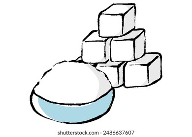 Illustration of stacked sugar cubes and sugar in a bowl with a touch of brush