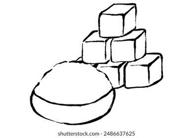 Illustration of stacked sugar cubes and sugar in a bowl with a touch of brush